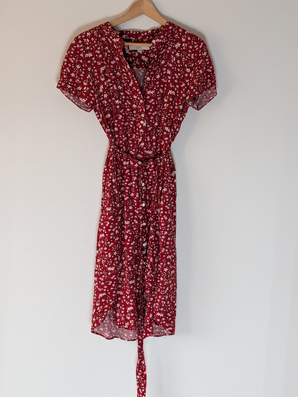 LOFT Red Floral Button-Front Midi Dress with Self-Tie Waist